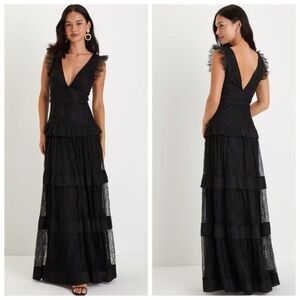 Lulus Marvelous Darling Black Lace Ruffled Tiered Sleeveless Maxi Dress Size XL